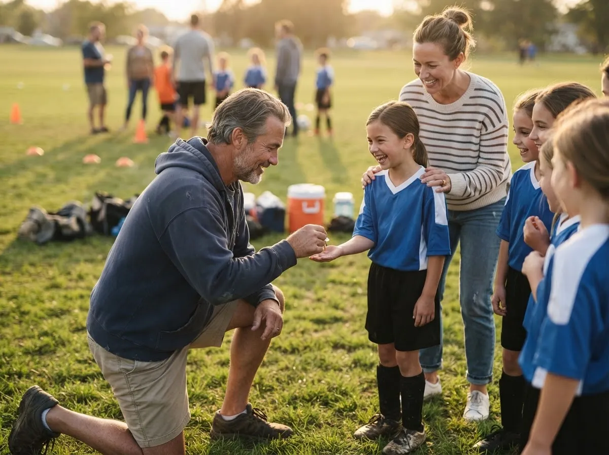Coach and proud parent celebrate with young athlete on sunny sports field.