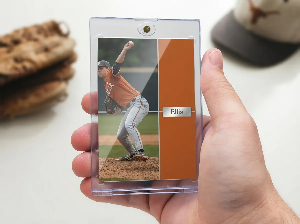 Custom sports trading card in magnetic case, a fun gag gift for men.