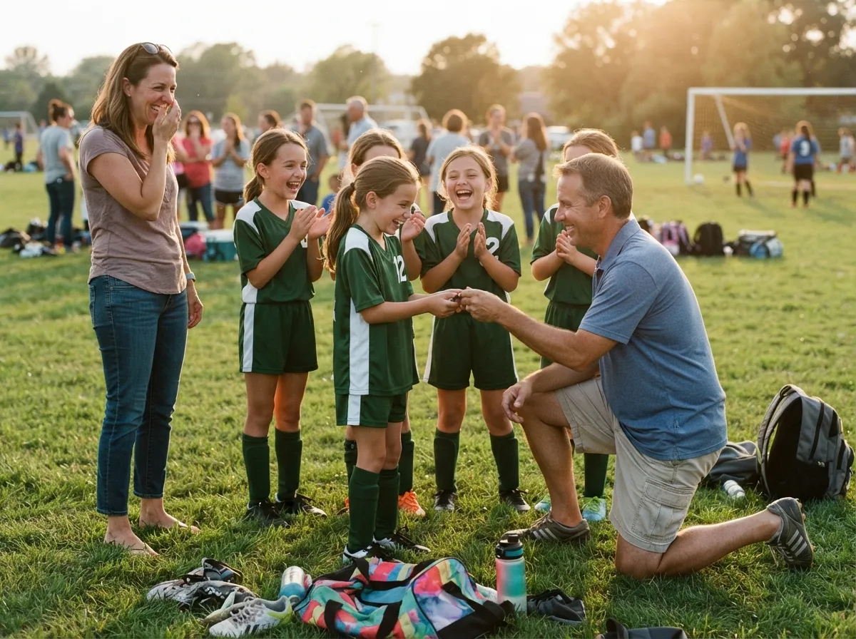 Coach and young athlete share proud celebratory moment on sunny sports field