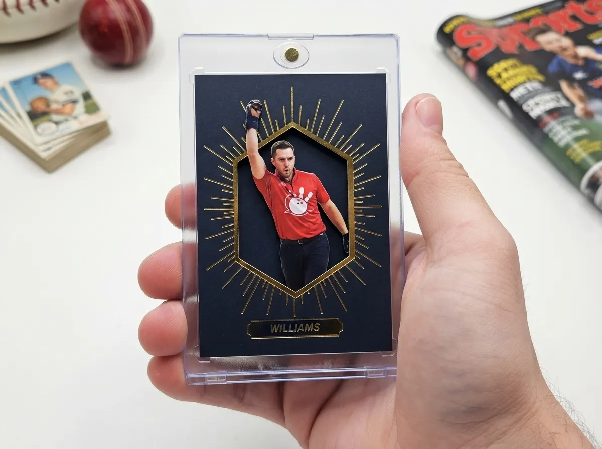 Custom sports trading card in magnetic case showing foil-bordered bowler on white shelf