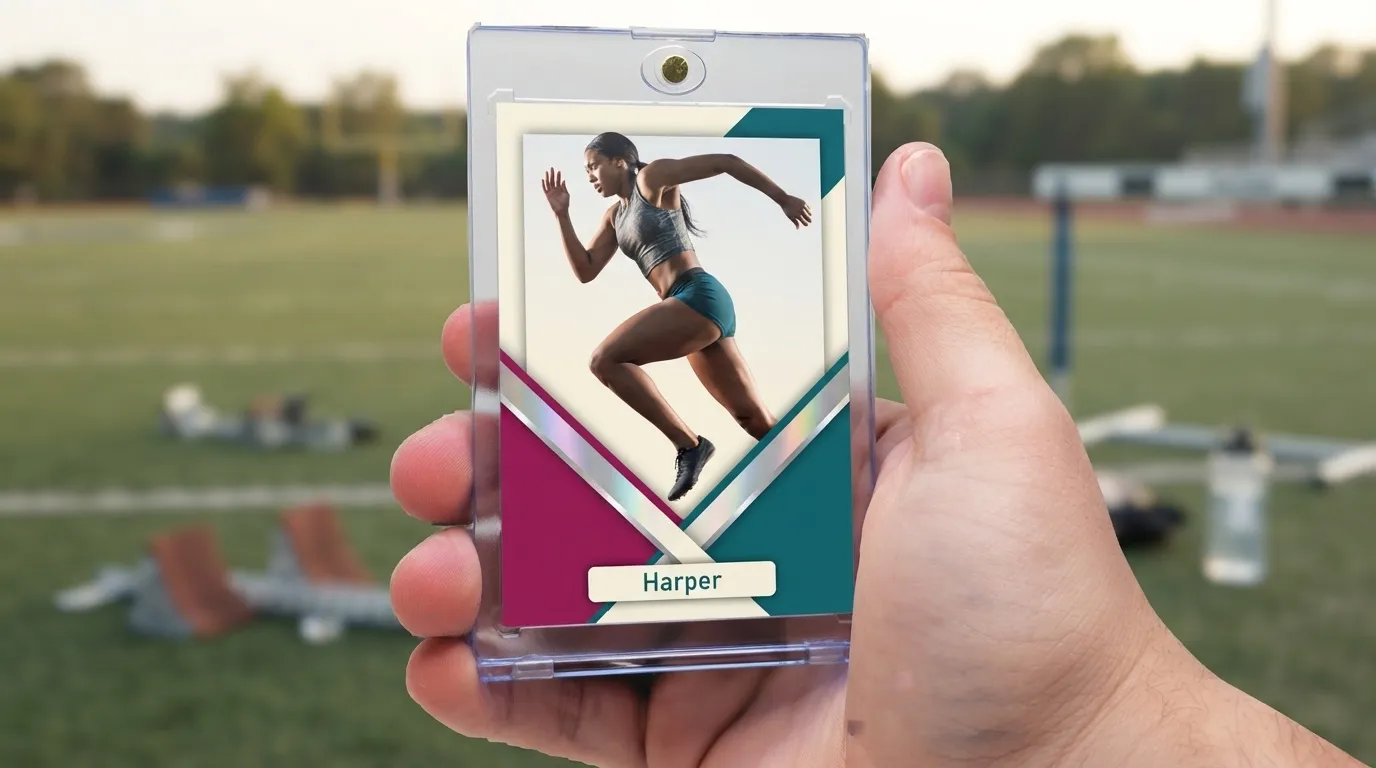 Hand holding magnetic case with gag gifts for women trading card, athlete mid-sprint, diagonal chrome frame.