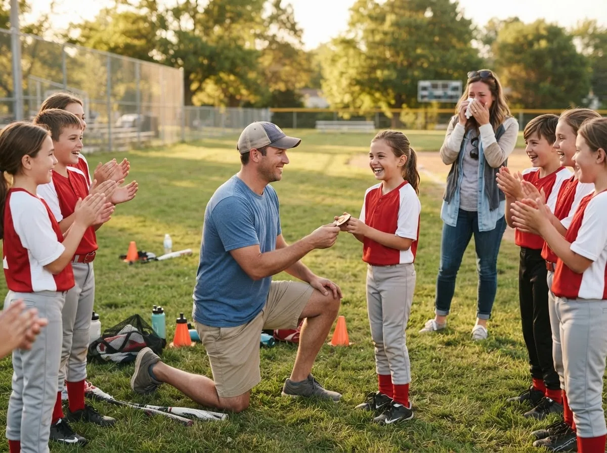 Coach and cheering teammates celebrate with young athlete on sunny sports field.