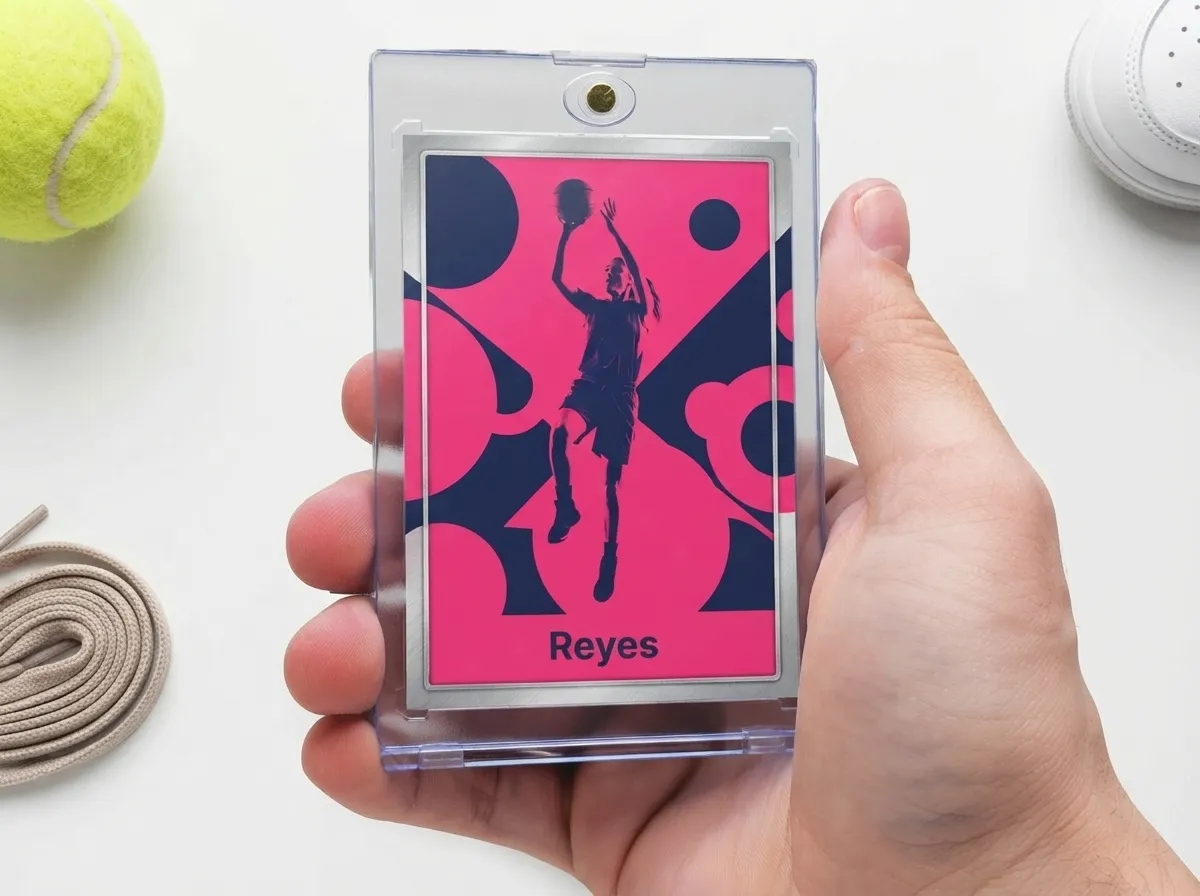 Custom sports trading card in magnetic case, duotone pink and navy athlete design, close-up shot.