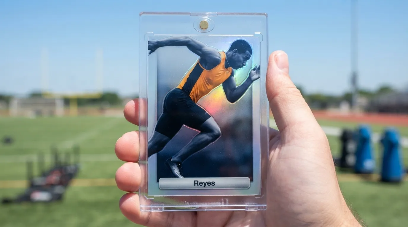 Hand holding magnetic case with a gag gifts sprinter trading card, chrome finish, blue sky background.