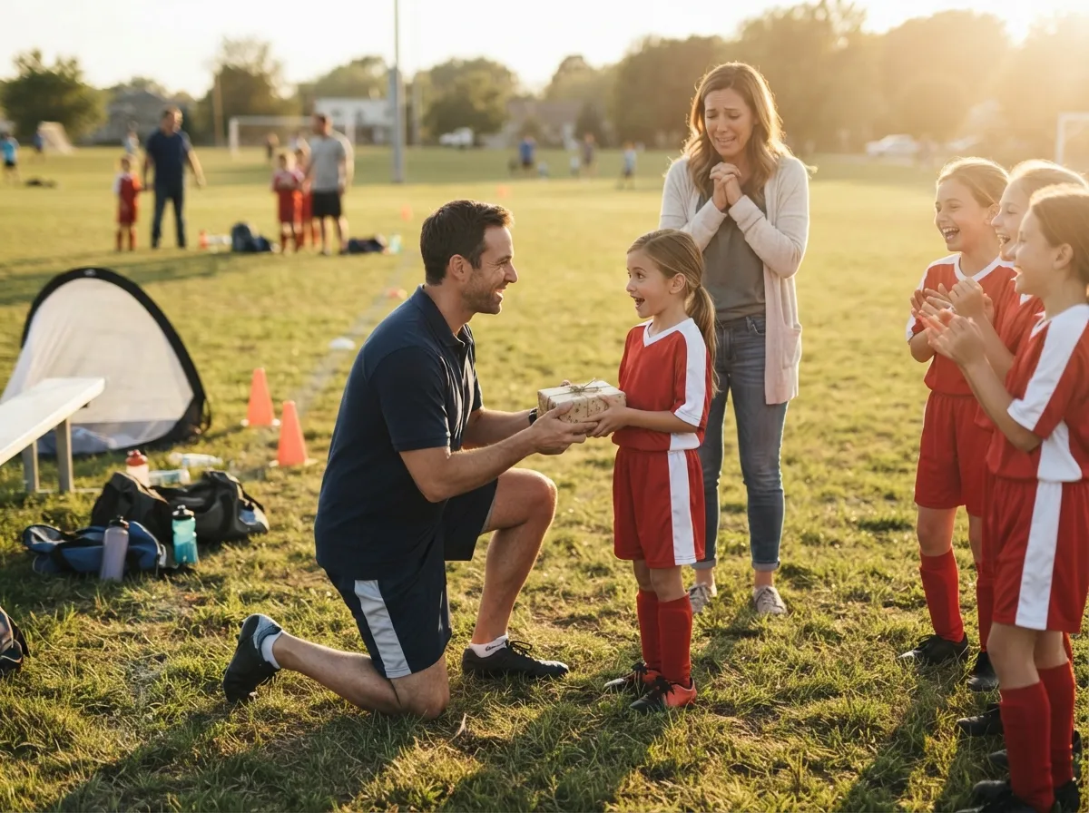 Coach and parent share proud emotional moment with young athlete on sports field.