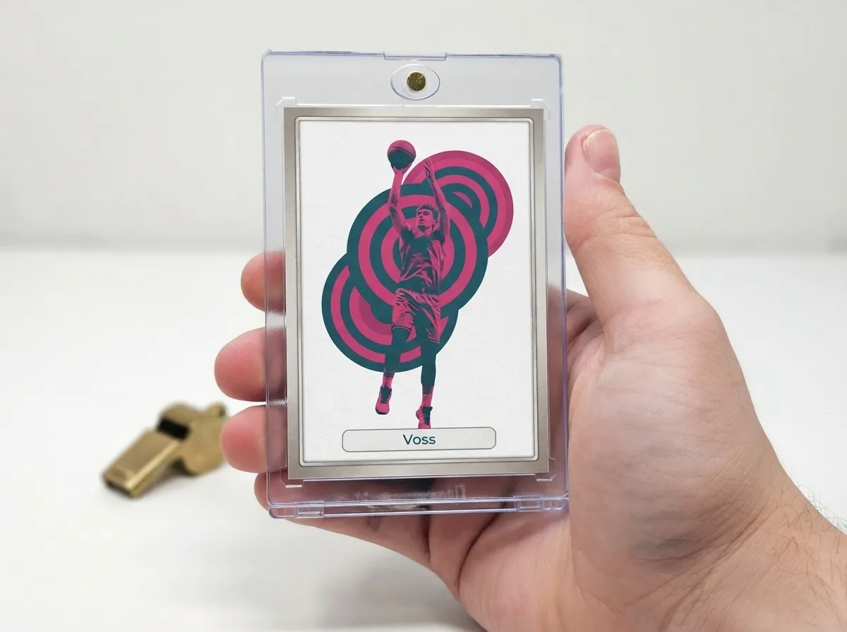 Custom sports trading card in magnetic case, duotone basketball design, on white tabletop.