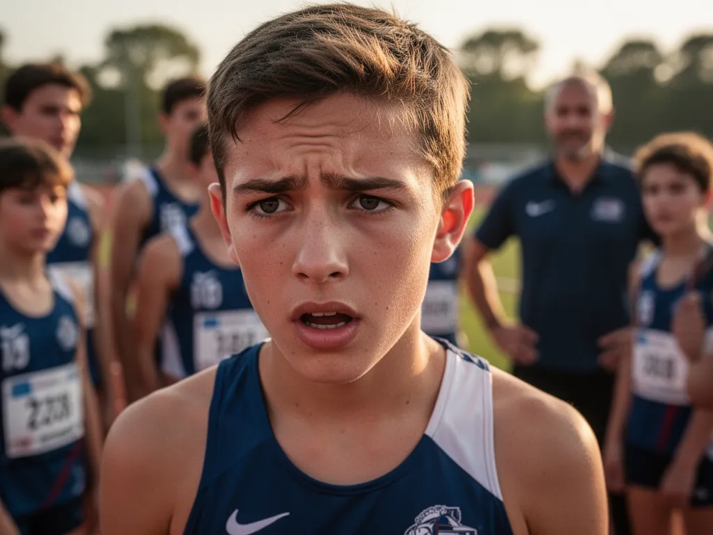 Young athlete's concentrated face with supportive team members blurred in background during game
