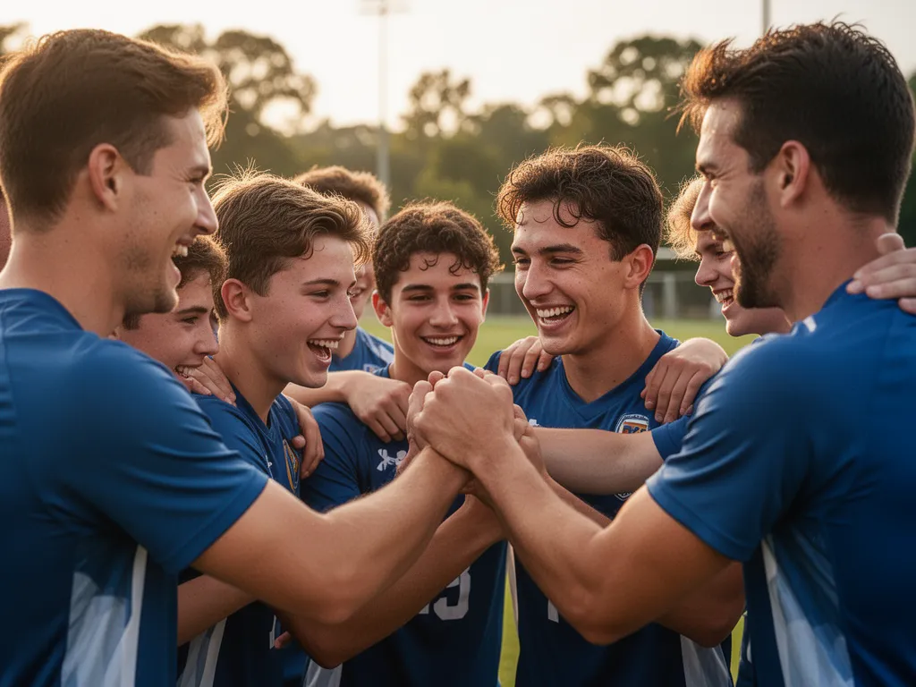 Young athletes and coaches celebrating together outdoors showing genuine emotion and teamwork.