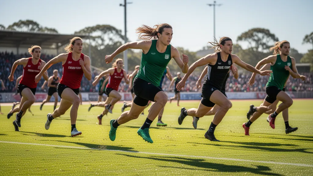 Multiple athletes in motion competing outdoors during daytime sporting event with natural lighting and dynamic energy.