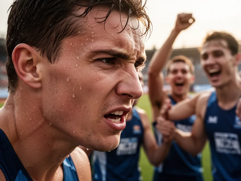 Closeup of athlete's determined expression with blurred teammates celebrating in background after sporting competition.