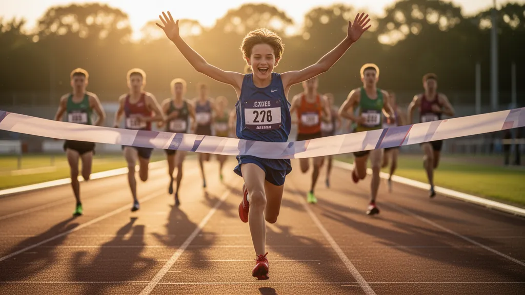 Young athlete celebrating at finish line with competitors running behind in golden sunlight