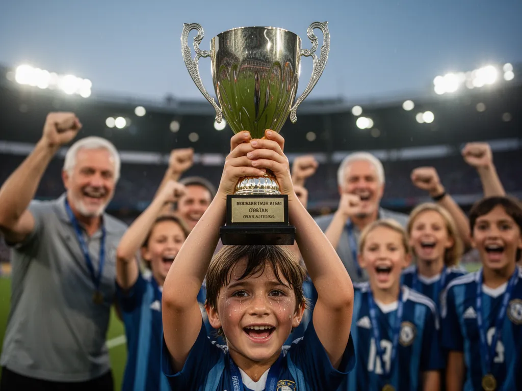 Child's hands holding trophy with emotional parents and teammates celebrating in blurred background
