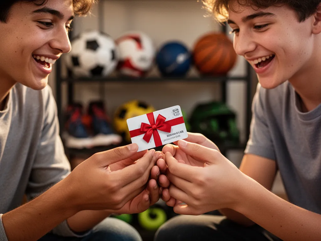 Parent and teen child sharing an emotional moment exchanging a gift card, hands together, genuine happiness