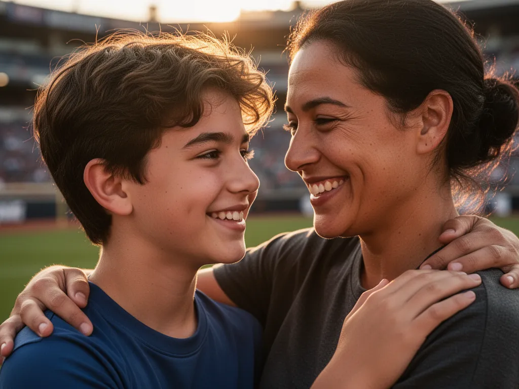 Parent and child sharing a proud moment together at a sports venue