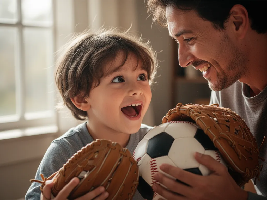 Parent and young child bonding over sports equipment with expressions of joy and excitement
