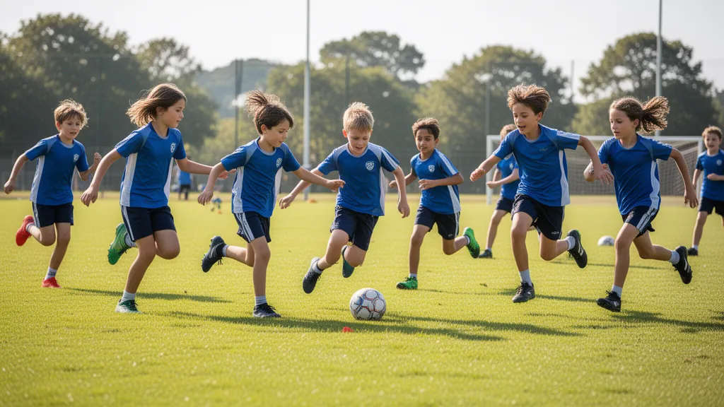 Young athletes running and playing together on sunny outdoor sports field with dynamic motion and energy