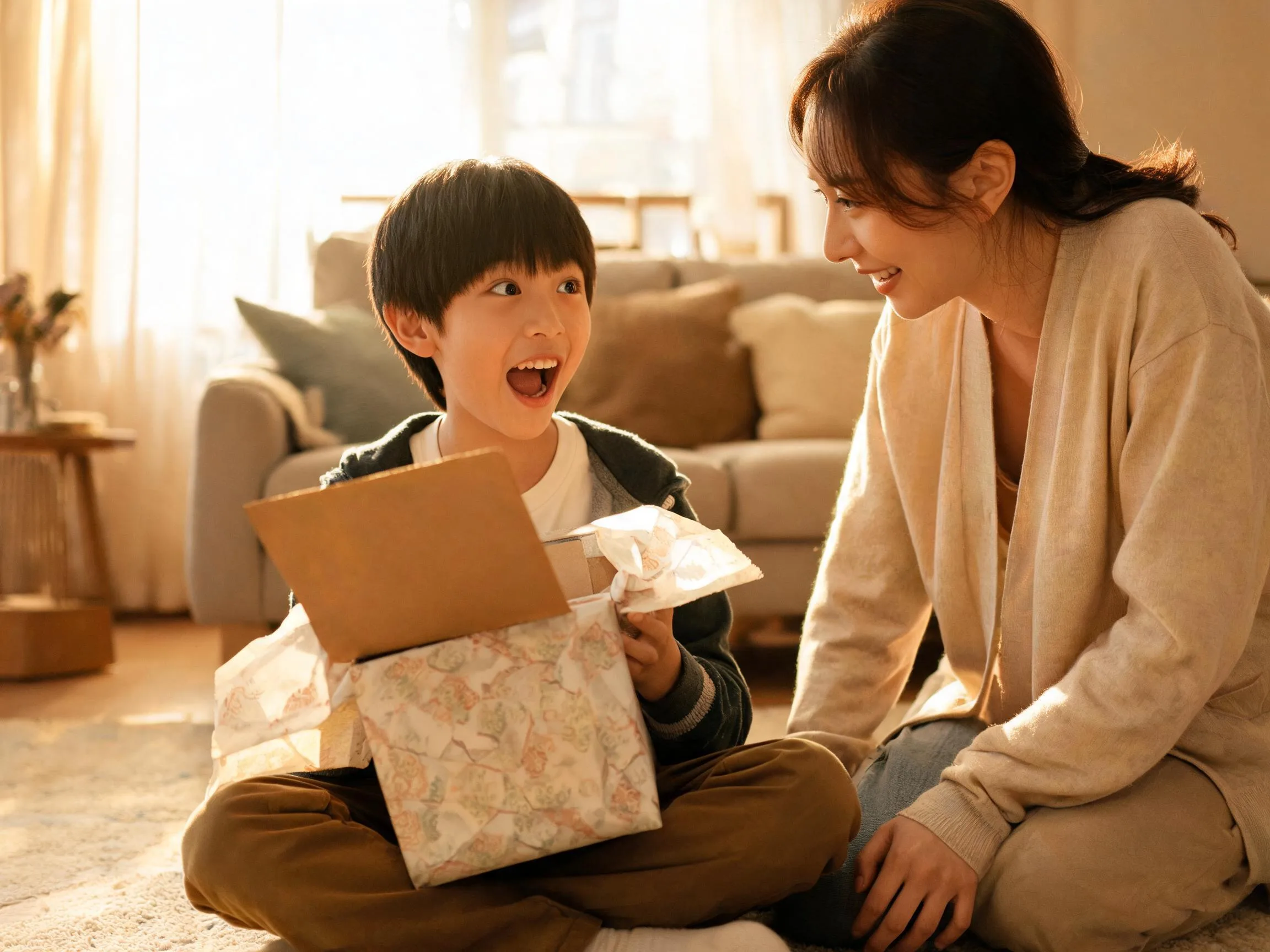 Young boy grinning with joyful surprise while unwrapping a birthday gift at home