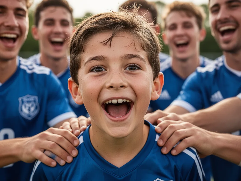 Boy smiling with excitement as teammates celebrate together after winning a sports game