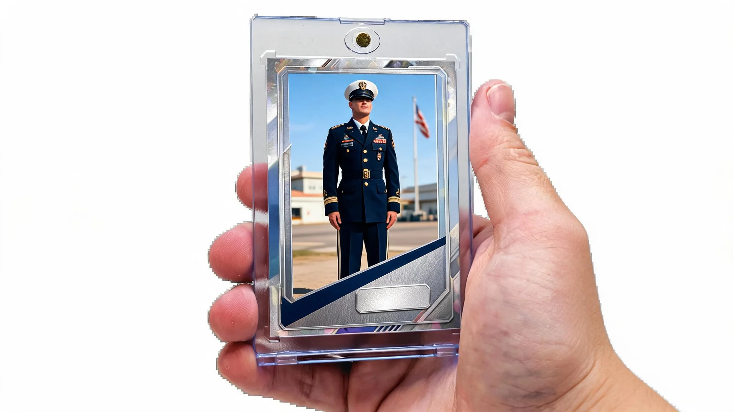 Hand holding magnetic case with military retirement gift trading card, flag and base building background.