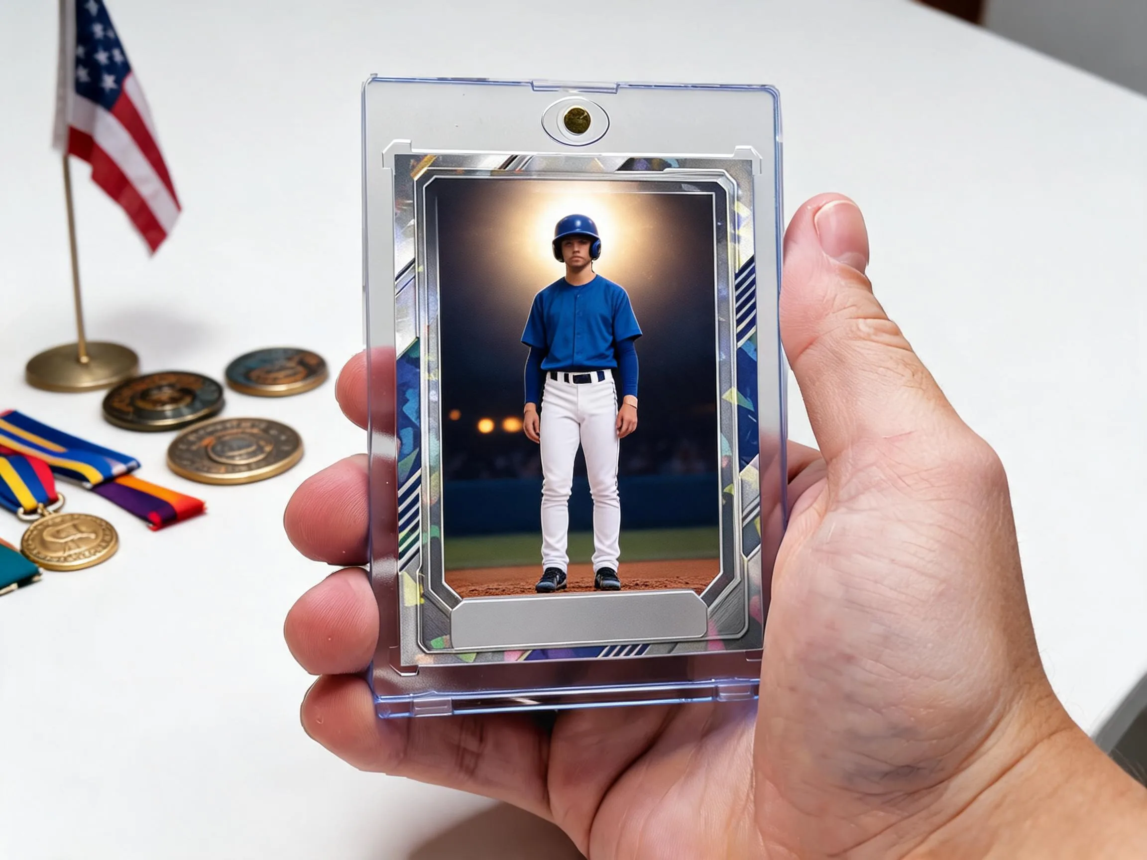Custom military tribute trading card in magnetic case displayed with folded flag and coins.