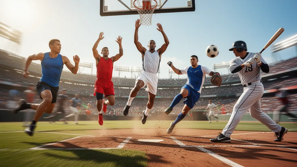 Multiple athletes competing in different sports captured in dynamic action outdoors during daytime