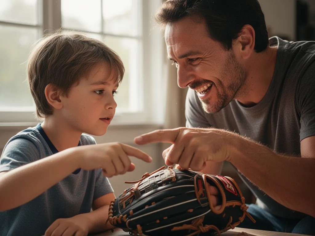 Father and son bonding over sports equipment with genuine smiles and connection