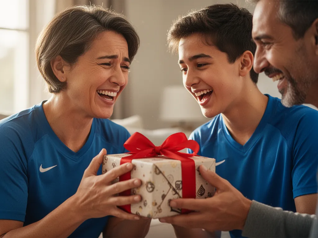 Parent and child smiling while exchanging sports equipment gift indoors with warm natural light