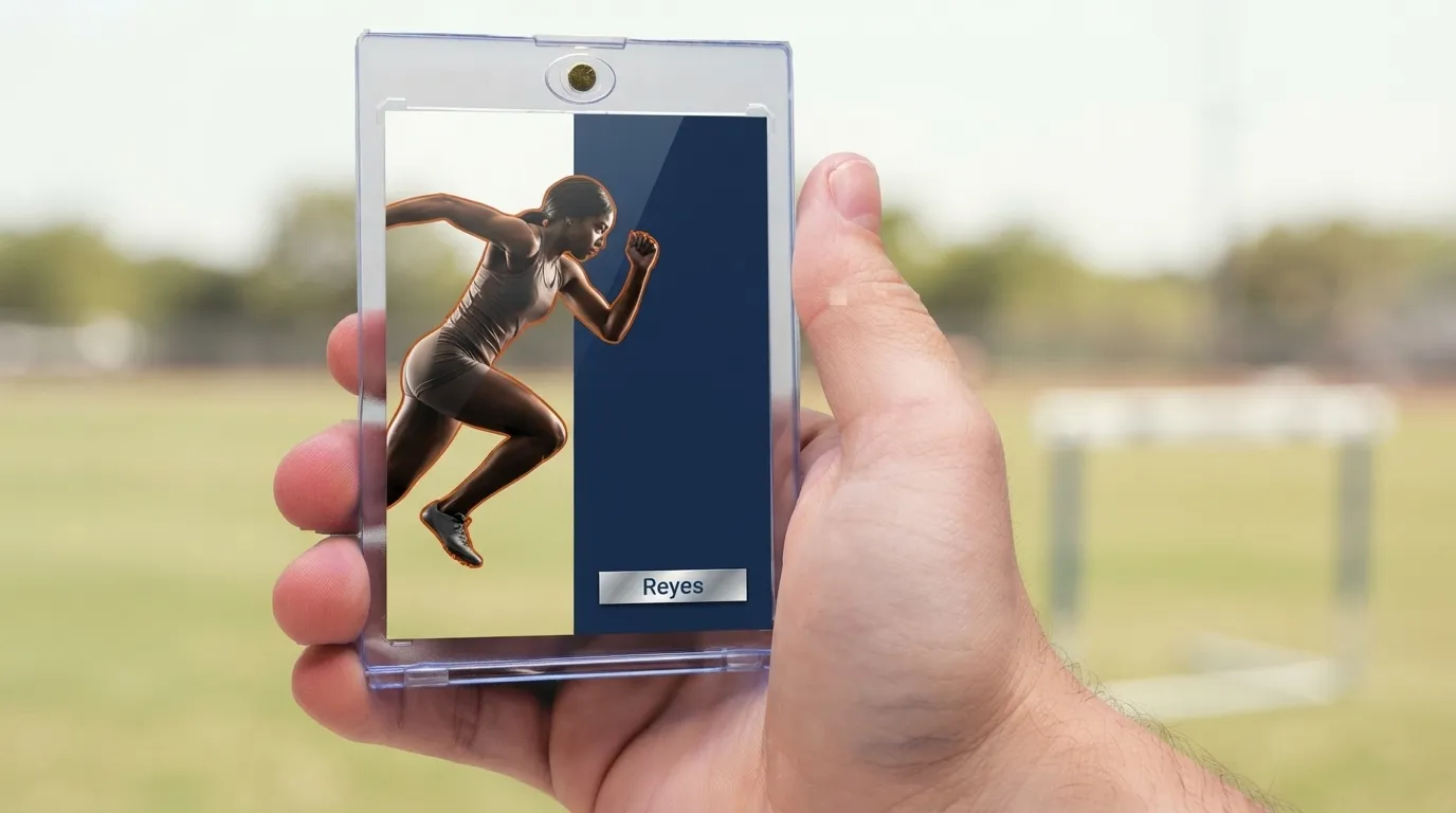 Hand holding magnetic case with gift for sports person trading card of sprinter mid-stride.