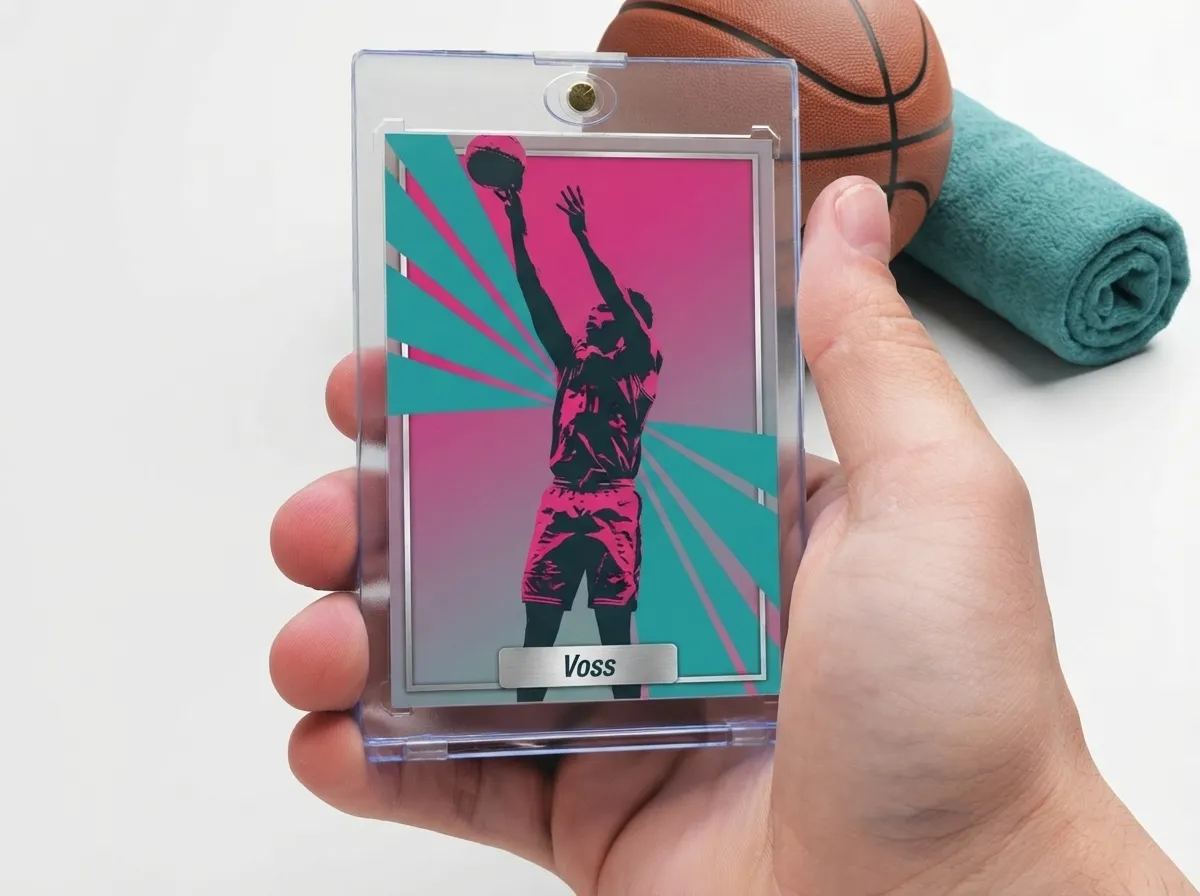 Custom sports trading card in magnetic case showing duotone basketball player design.
