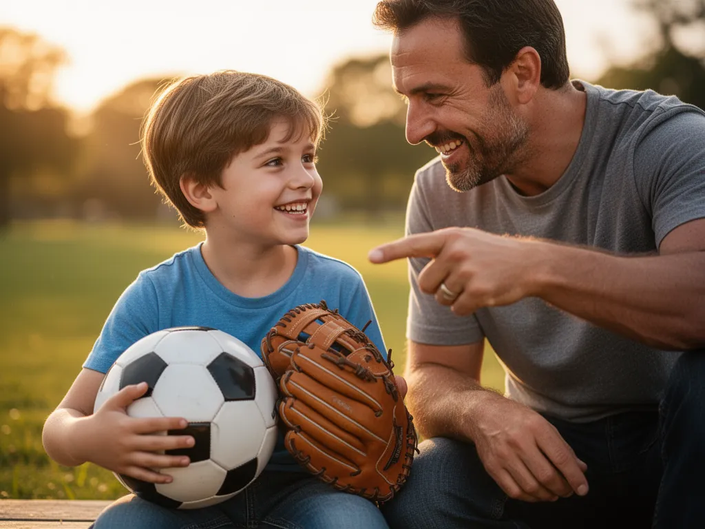 Young boy with sports equipment smiling beside his father in encouraging moment outdoors