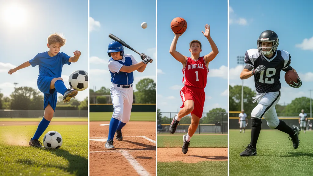 Multiple young athletes playing different sports simultaneously in outdoor action and motion.