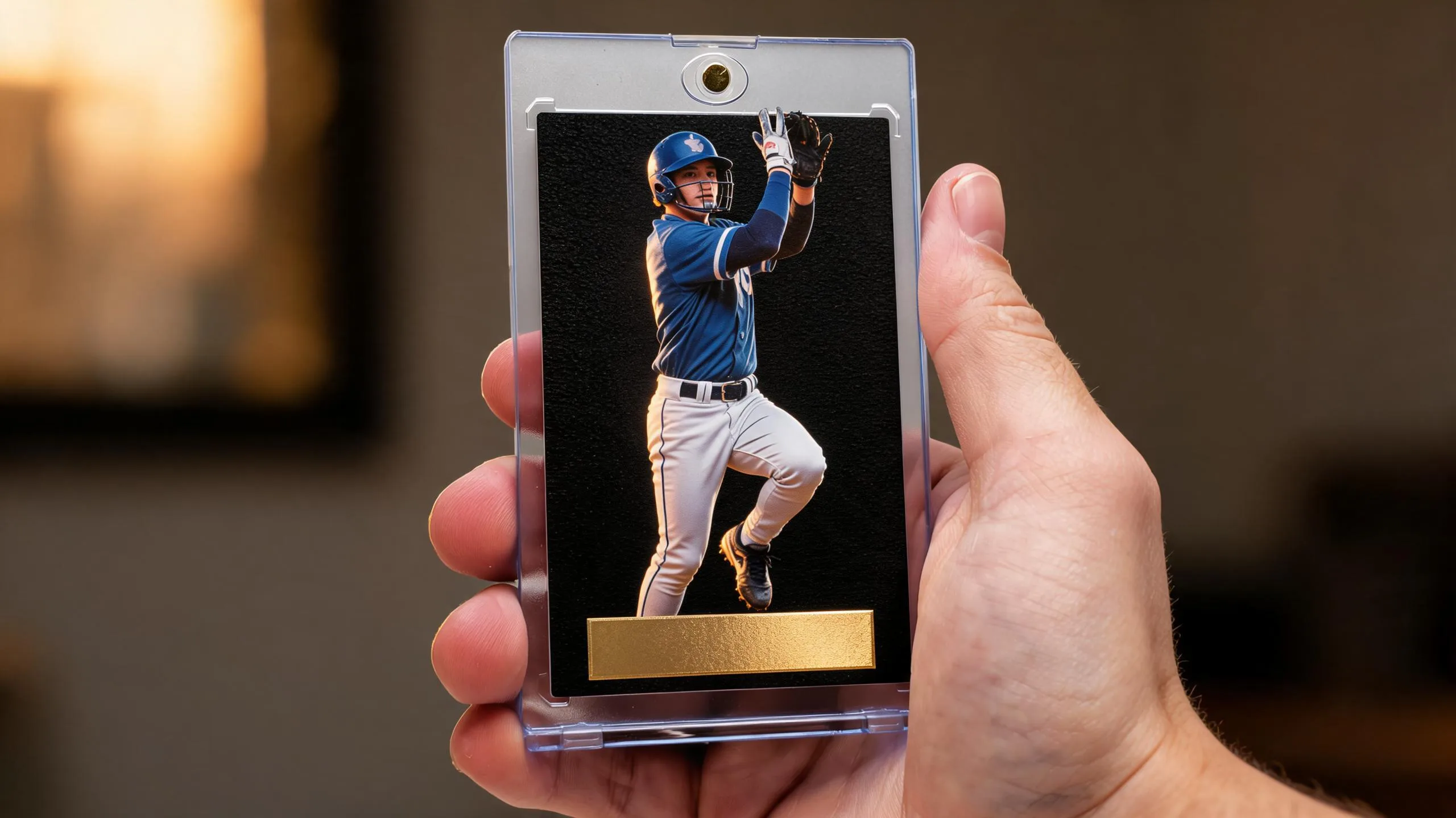 Hand holding magnetic case with premium sports card — gift ideas for 9 year old boy who likes sports.