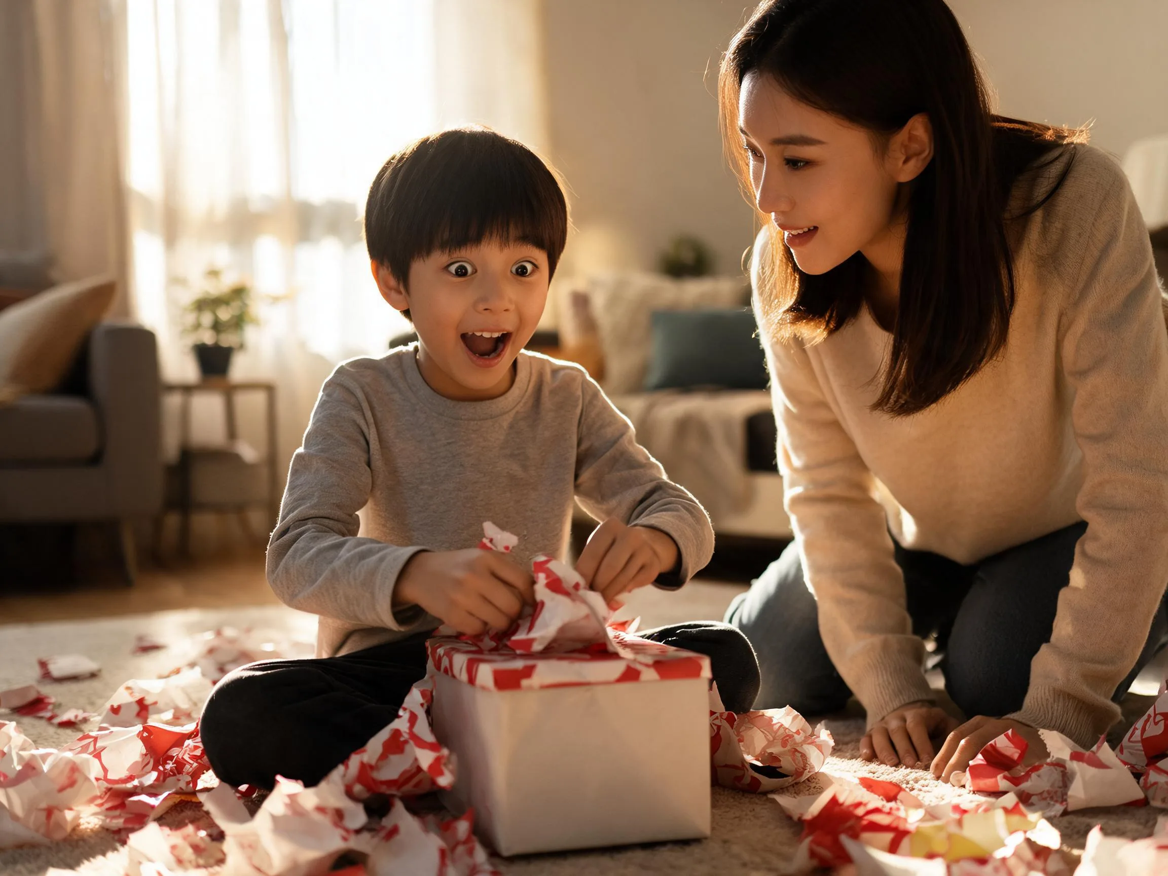 Boy reacts with joyful surprise while unwrapping a gift with a parent nearby.