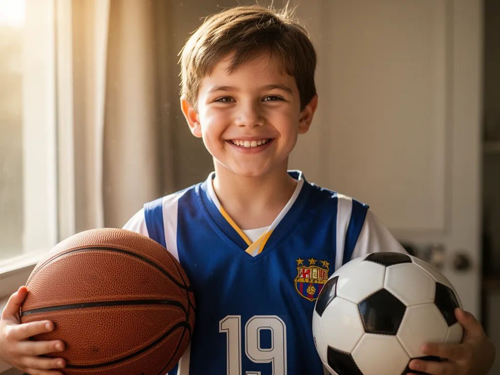 Young boy smiling while holding multiple sports balls showing enthusiasm and joy.