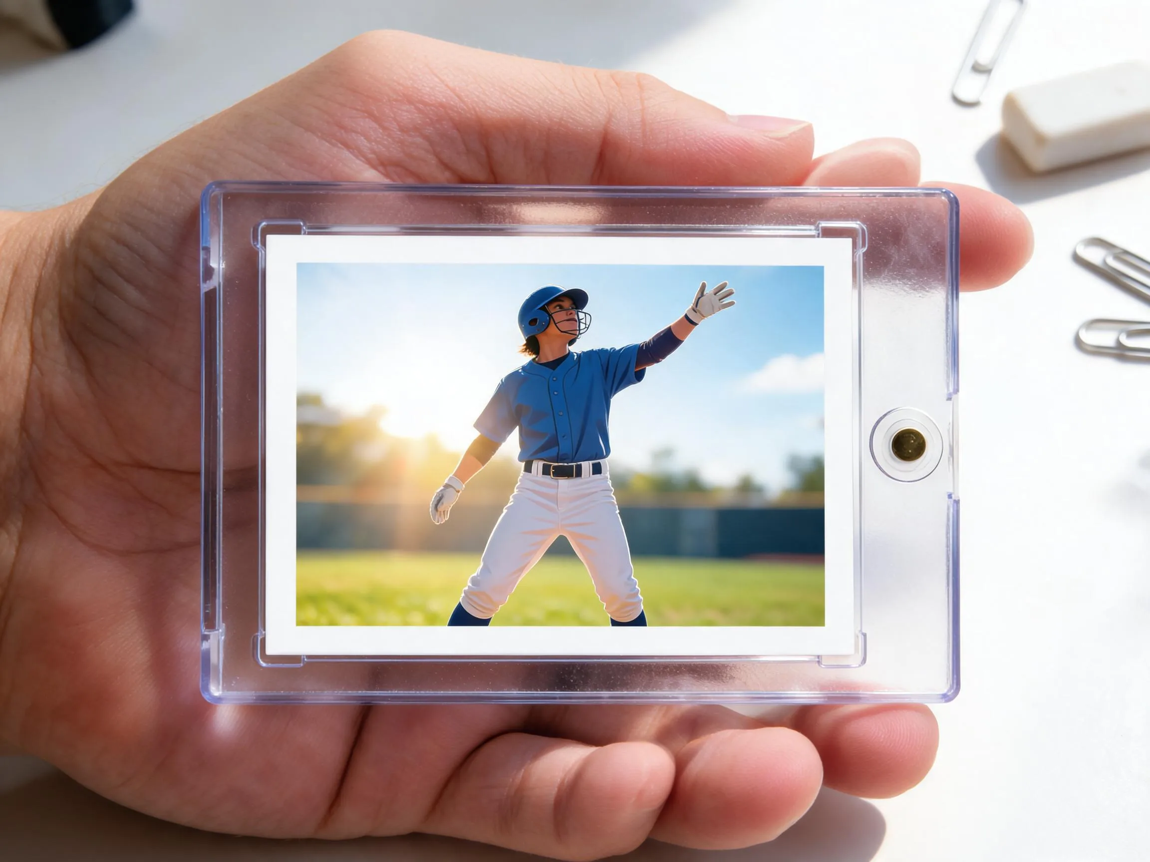 Custom keepsake trading card in a clear magnetic case, held in hand.