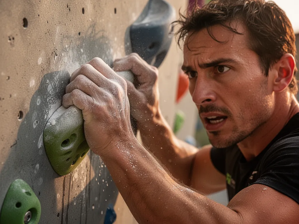 Close-up of an athlete's hands on climbing holds showing determination and physical effort during training