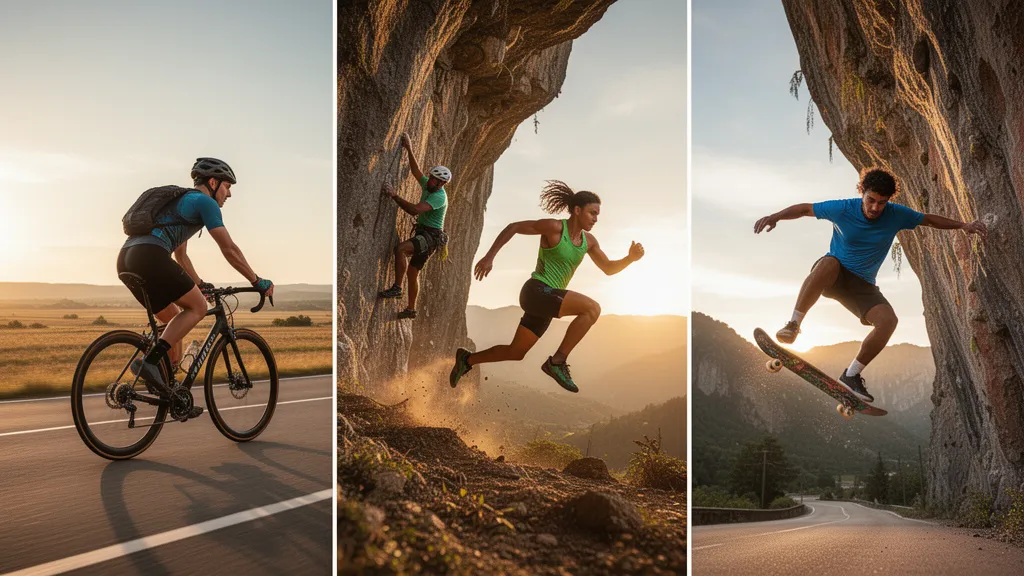 Multiple athletes in action across different sports with dynamic motion and natural outdoor lighting