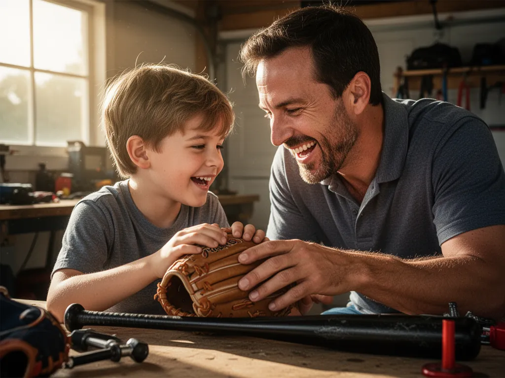 Father and son bonding together while examining and preparing sports equipment in warm natural light