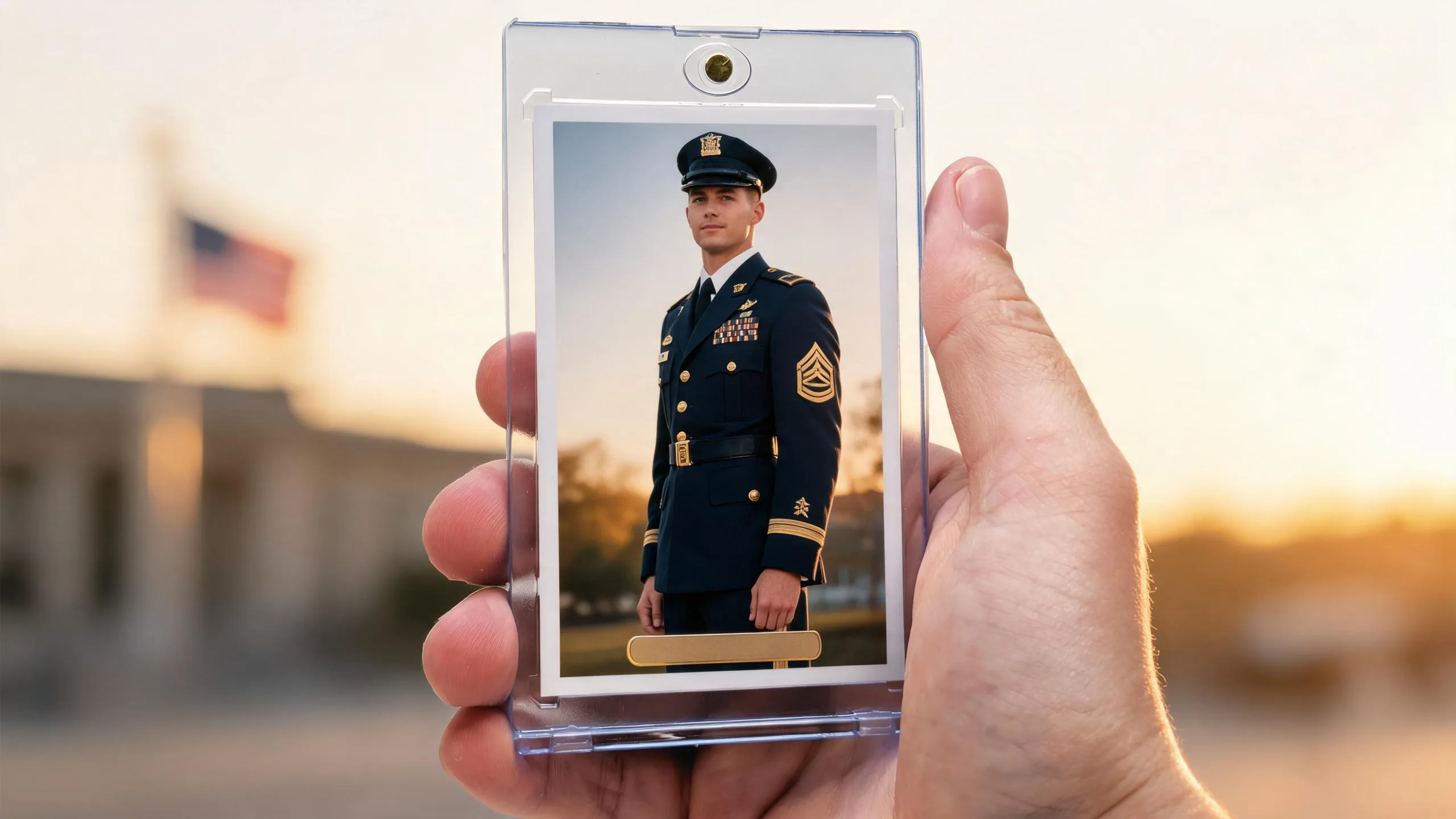 Hand holding magnetic acrylic case with military tribute card, a thoughtful gift idea for military retirement.