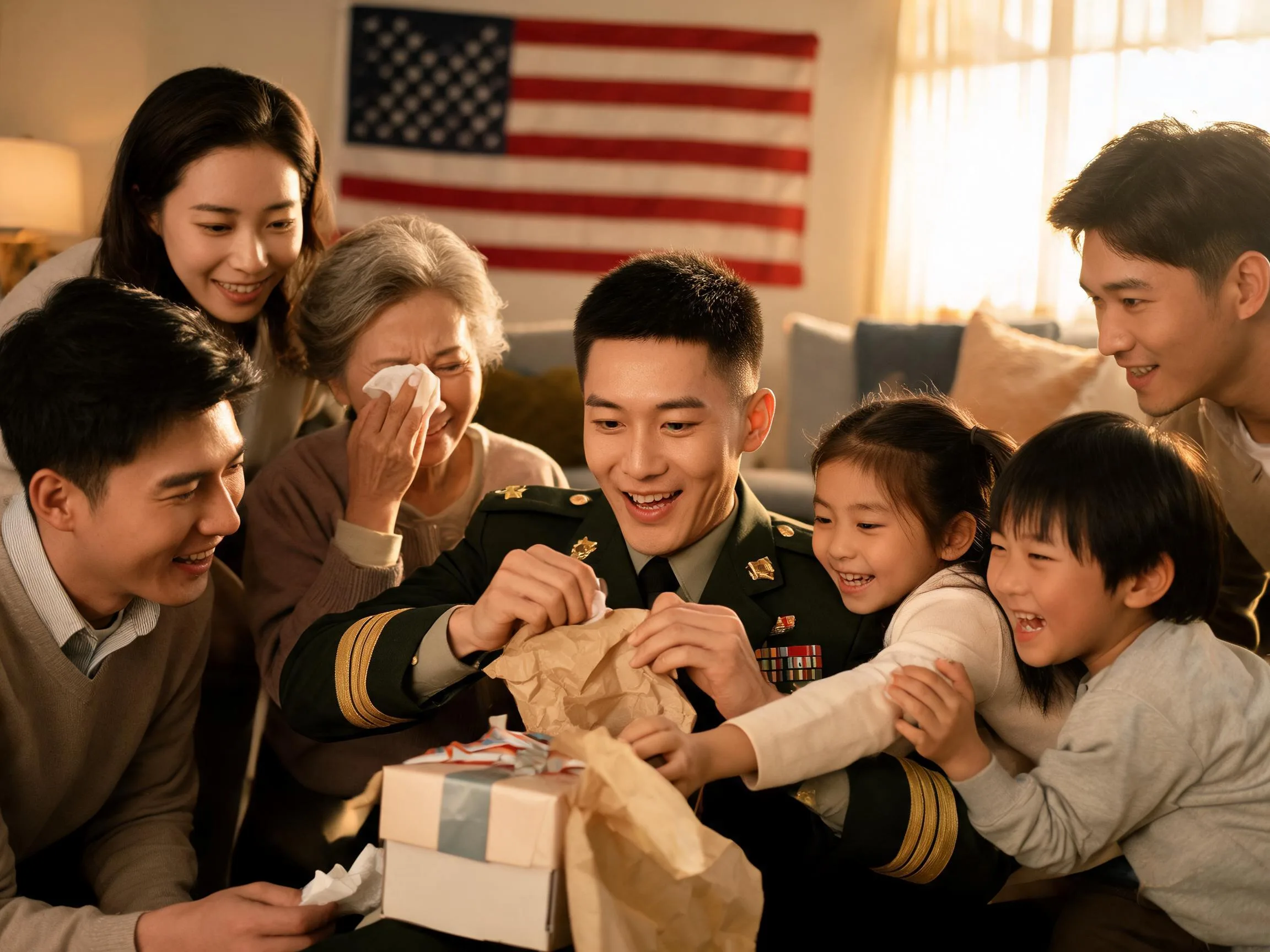Family joyfully surprises a retiring service member during an emotional gift-giving moment at home.