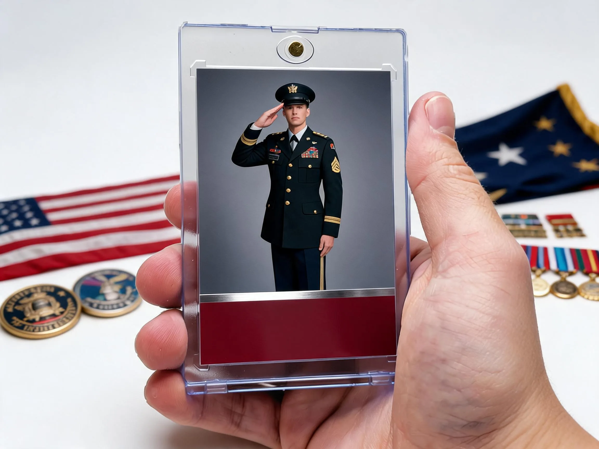 Custom military tribute trading card in a magnetic case displayed beside folded flag and coins.