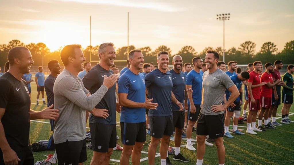 Group of enthusiastic sports coaches standing together outdoors during golden hour sunlight