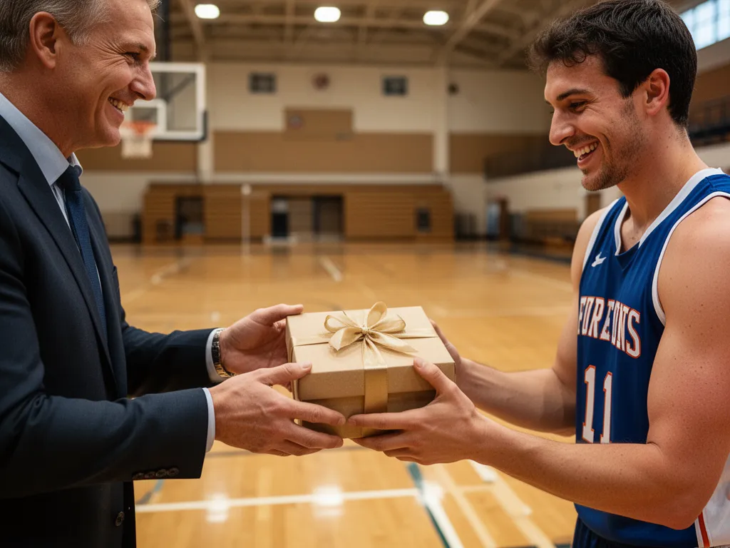 Coach presenting a thoughtful gift to smiling athlete in intimate moment of gratitude