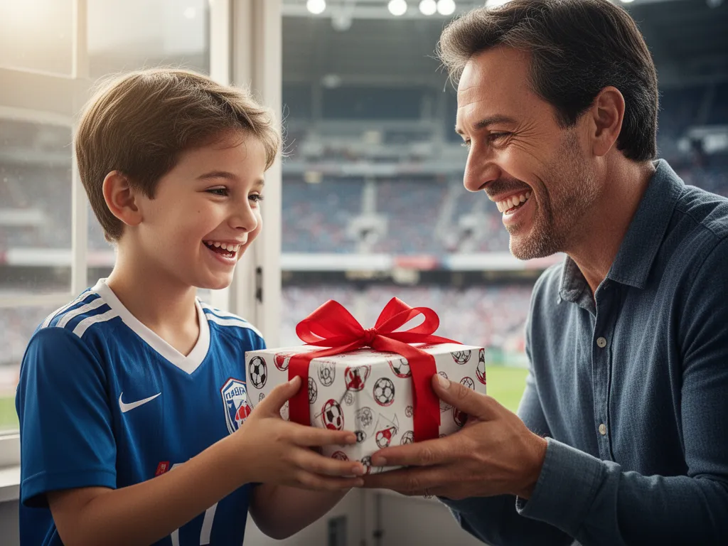Parent gifting wrapped present to excited young athlete showing genuine emotional connection