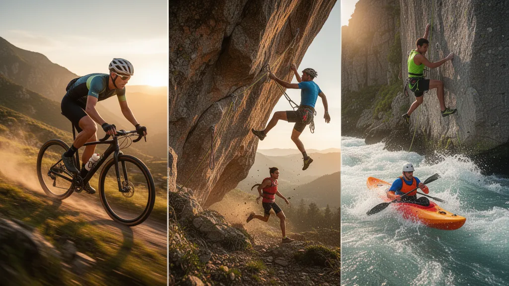 Multiple athletes competing in different sports including cycling, climbing, running, and kayaking during golden hour.