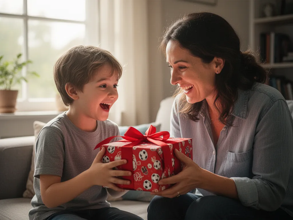 Parent and child sharing a joyful gift-giving moment indoors with natural window lighting and warm expressions.