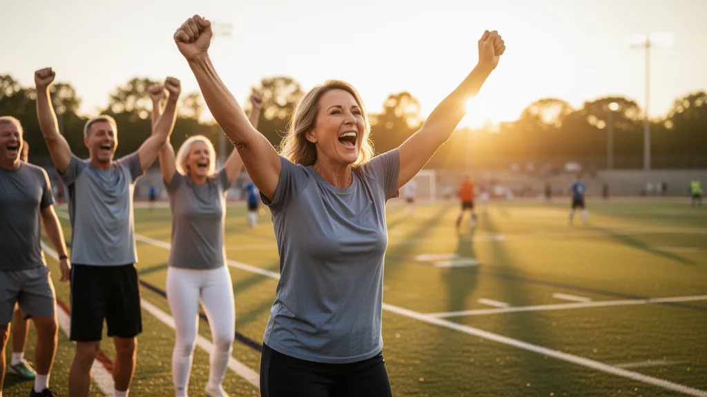 Sports mom cheering excitedly on the sidelines during an outdoor soccer game with golden hour lighting