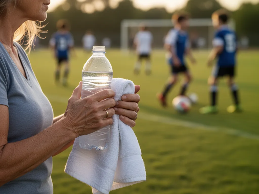 Sports mom's hands holding water bottle and towel while supporting her child during athletic competition