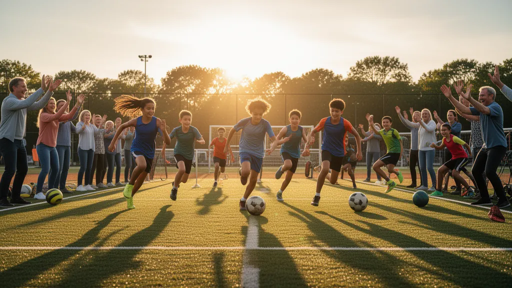 Multiple young athletes competing outdoors while parents cheer from the sidelines in natural sunlight
