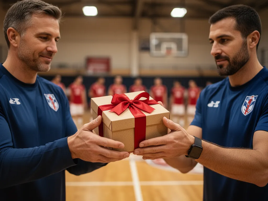 Hands exchanging a gift box between coaches in appreciation moment indoors